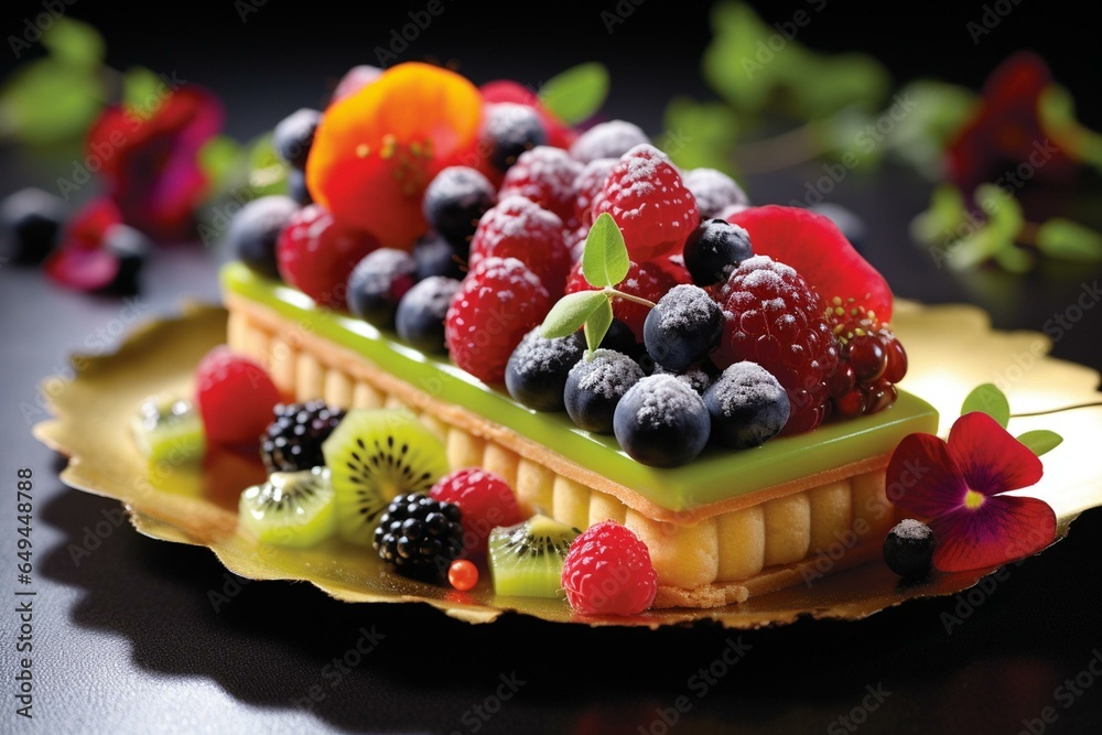A fruity, colorful confectionary delight adorned with berries and a verdant pastry. Generative AI