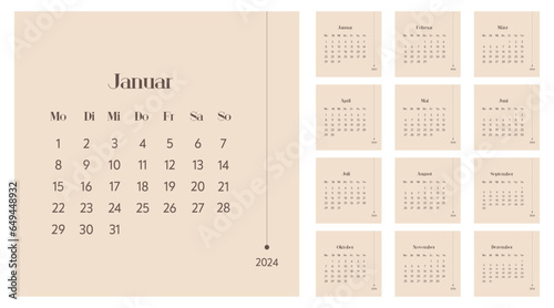 2024 calendar vector design template, simple and clean design. Calendar in German. The week starts on Monday.	
