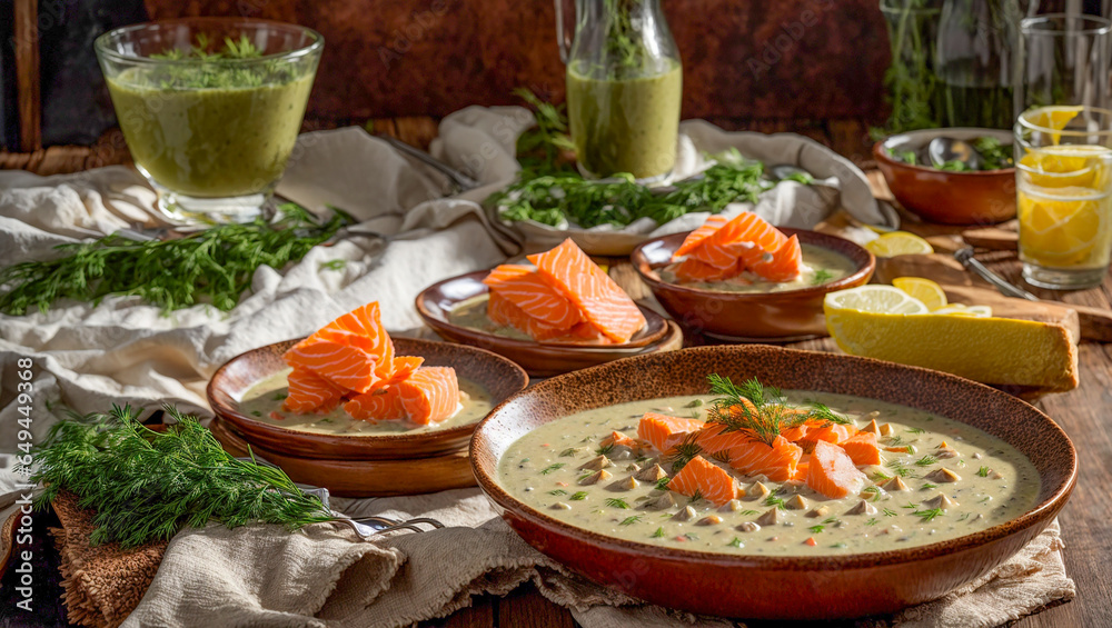 Creamy soup with pieces of salmon, lemon, dill on an old background