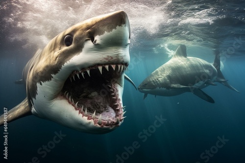 Intense encounter between a large shark and its prey. Generative AI