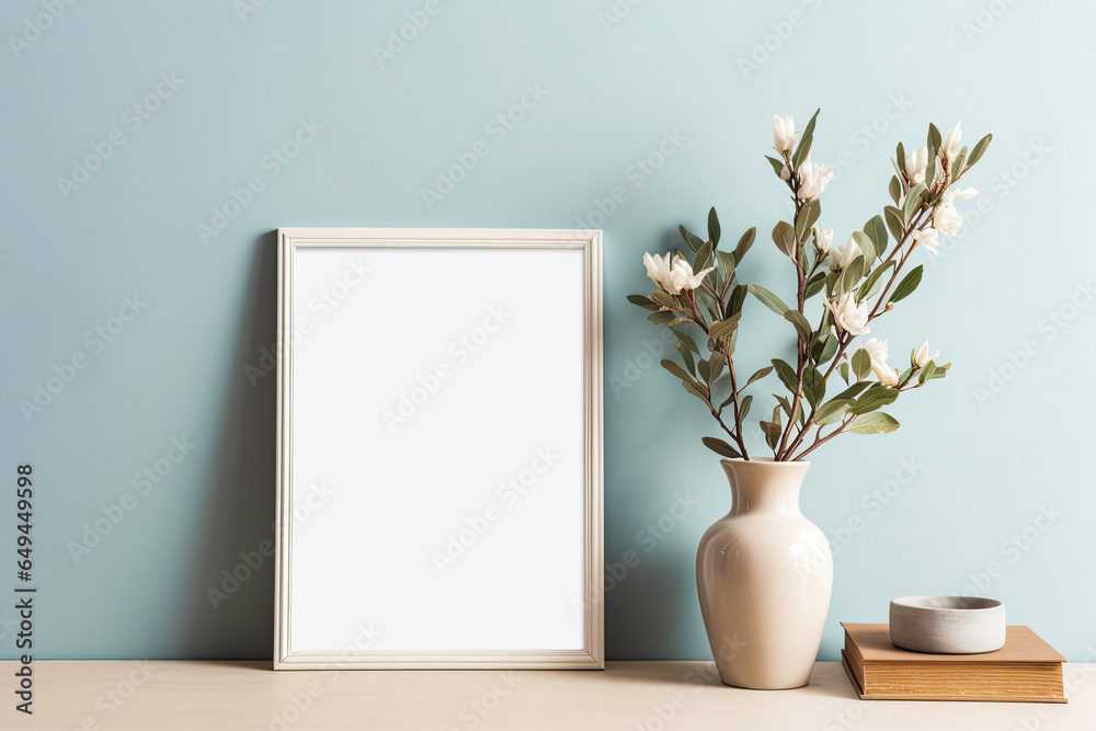 Simple 12x16 White Picture Frame Mockup with Light Blue Wall and Neutral Boho Decor - Frame Opening Ratio is 3x4 Simple 12x16 White Picture Frame Mockup with Light Blue Wall and Neutral Boho Decor - Frame Opening Ratio is 3x4
