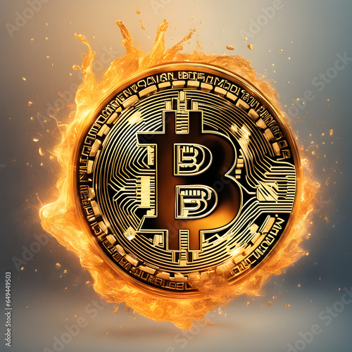 A bitcoin coin in a flash of fire photo