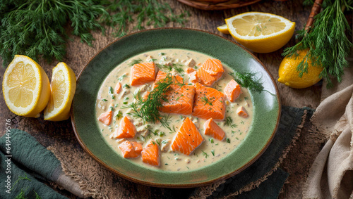 Creamy soup with pieces of salmon, lemon, dill on an old background photo