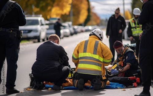 Emergency crews gathered around a pedestrian that has been struck by a car on the road. Generative AI