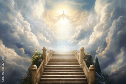 A heavenly scene with a cross symbol, stairway, door to heaven, skies, clouds, and prayer. Generative AI © Jaida