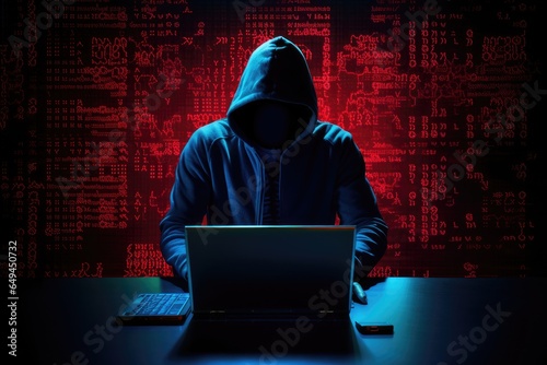 A hooded figure sits in a dark room, engrossed in laptop work, surrounded by a wall of red code.