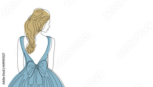 Beautiful bride in long wedding dress. Single line minimalist illustration of the young lady in the evening gown