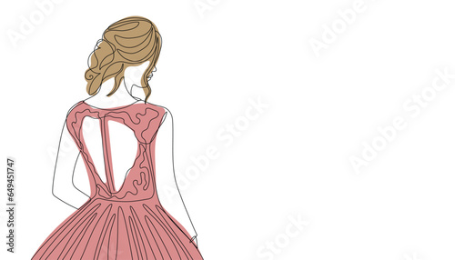 Beautiful young lady in long evening dress. Single line minimalist illustration of the woman in the evening gown