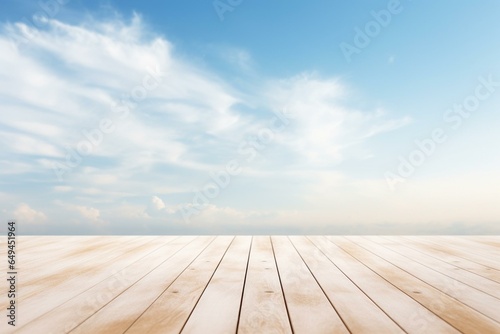 Blurred wooden terrace with a white table on a natural sky background. Generative AI