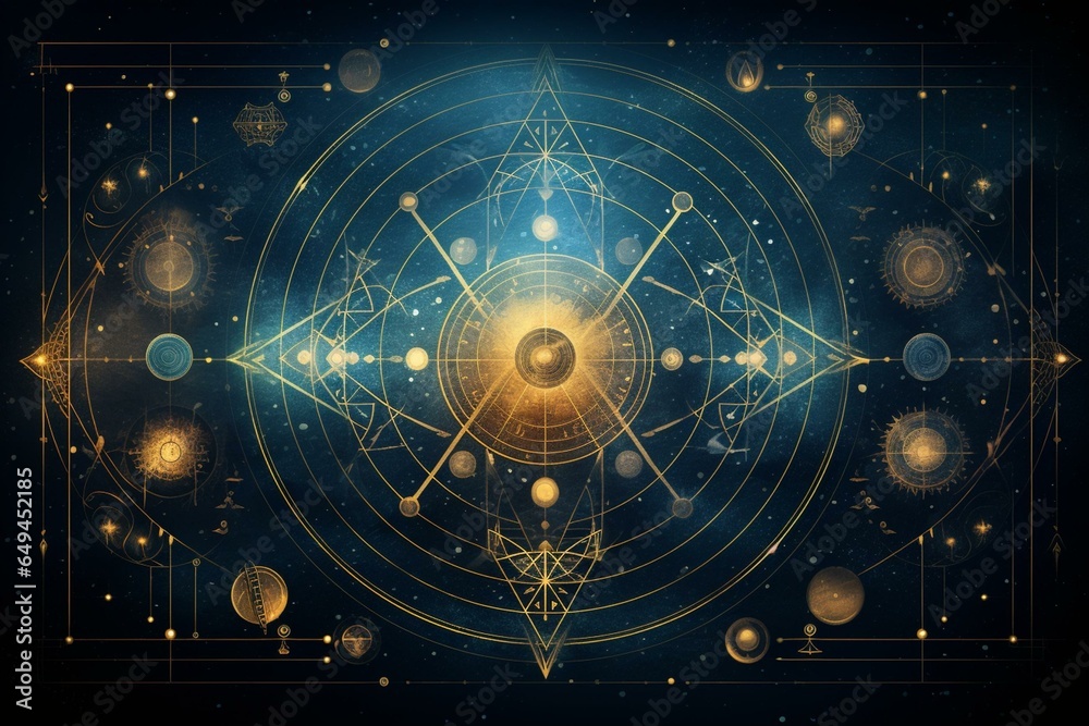 Abstract background with sacred geometry symbols and motifs including alchemy and religious elements. Generative AI - obrazy, fototapety, plakaty 