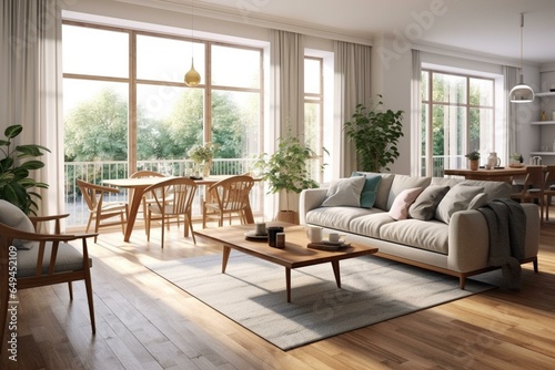 Modern, Scandinavian room with design furnishings, a family table, a sofa, plants, stylish carpet, and brown oak parquet flooring. Beautiful, basic apartment with large sunny windows. Generative AI