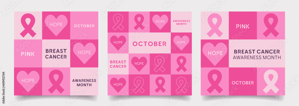 Breast Cancer Awareness Month. Set of vector greeting cards, banners, posters, covers. Trendy design with pink ribbons, heart and typography. Modern geometric minimalist style. Breast Cancer Awareness Month. Set of vector greeting cards, banners, posters, covers. Trendy design with pink ribbons, heart and typography. Modern geometric minimalist style.