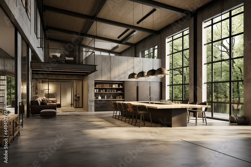 An empty house with a contemporary loft-style layout featuring exposed concrete beams and columns  dark metal windows  and stoneware floors. Generative AI