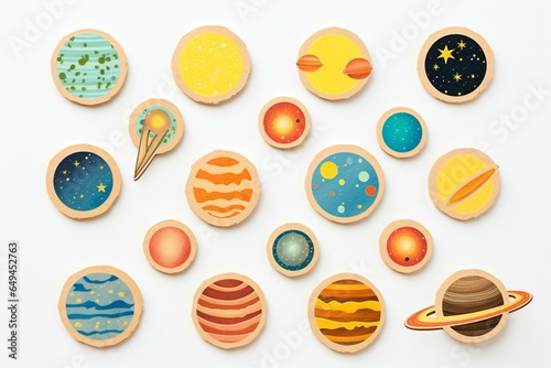 Cheerful planetary stickers spread galactic joy. Generative AI