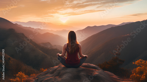 Young woman practicing yoga in mountains at sunset panoramic banner. Harmony, meditation, healthy lifestyle, relaxation, yoga, self care, mindfulness concept