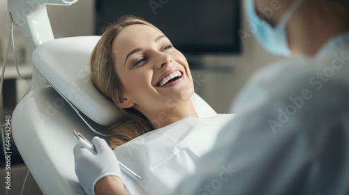 Close-up of a smiling female patient in a dental chair undergoing treatment using dental instruments. Dentistry. Modern medicine concept.