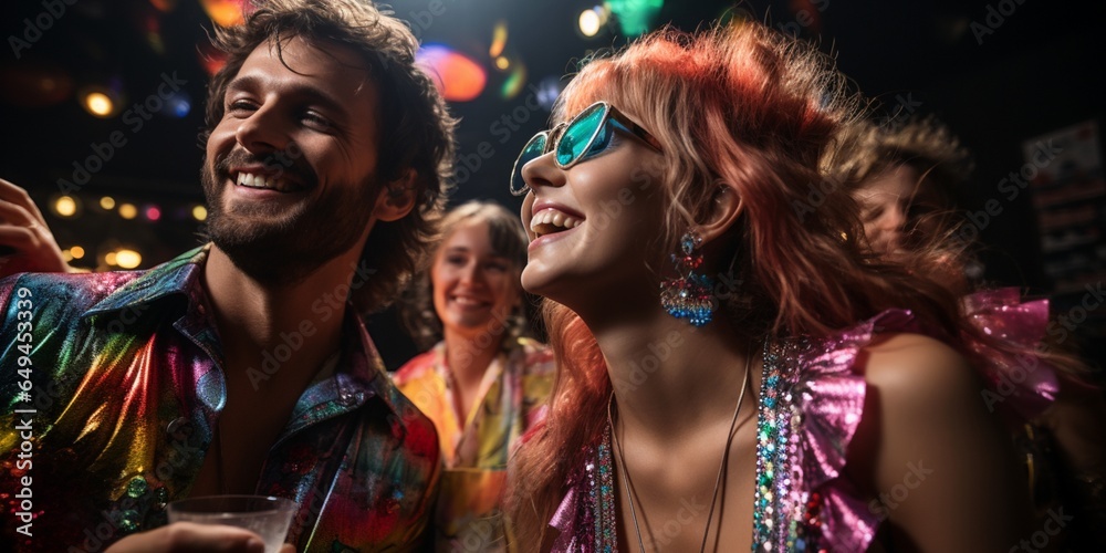 Hipsters having a Christmas or New Year's Eve party. A man and a woman laughing and dancing in a night club. Season greetings concept. Generative AI Hipsters having a Christmas or New Year's Eve party. A man and a woman laughing and dancing in a night club. Season greetings concept. Generative AI