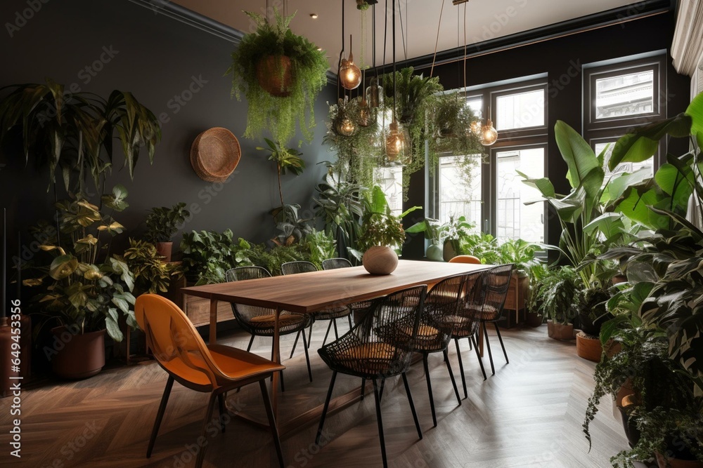 Vibrant dining room adorned with plants, stylish decor. Generative AI