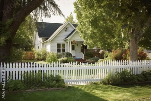 a house with a garden, fence, gate, and tree in the background, featuring a white picket fence and post. Generative AI
