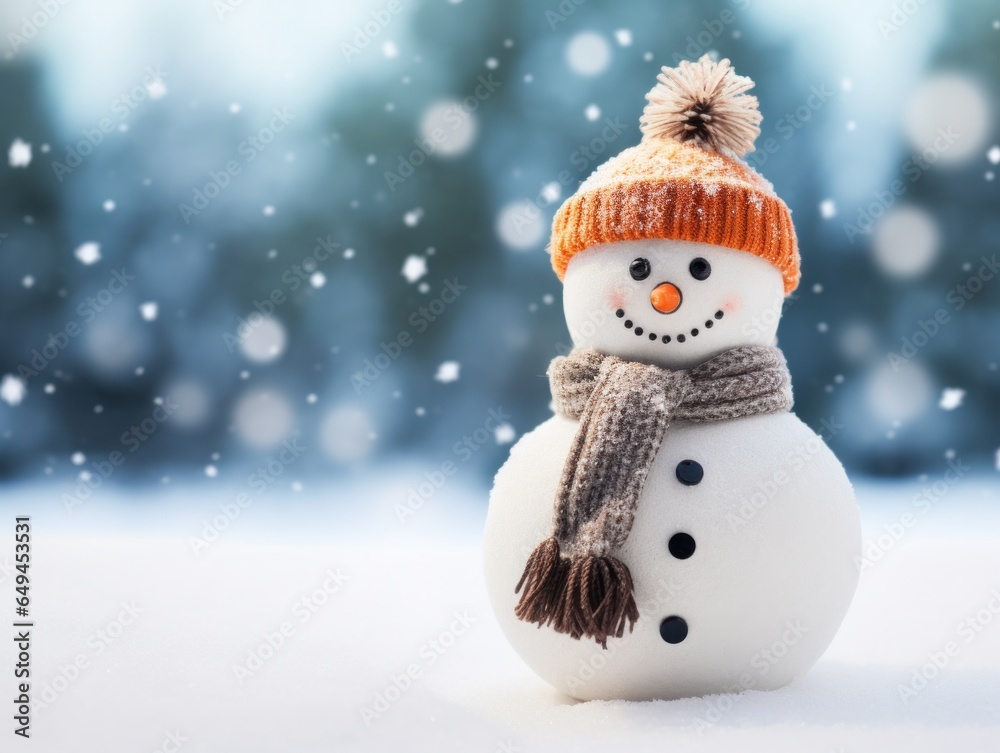 Close-up of a cute toy snowman in a red hat and scarf on a snowy background on a blurred bokeh background in winter Christmas scenery with copy space. Happy New Year's attributes, greeting card.