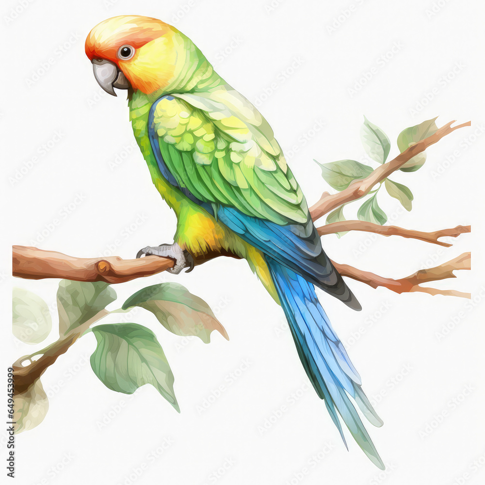 Watercolor Parakeet Bird Illustration, Generative Ai