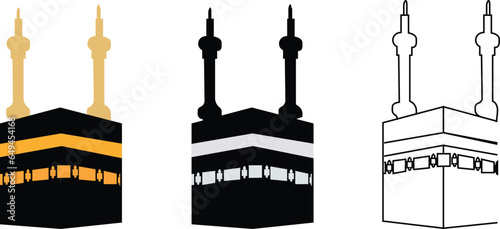 Sharif Kaaba, Makkah and Madinah Pak sacred Islamic Masjid-Al-Haram Macca Hajj Umrah Madinah Muslim shrine of Kaaba, in form of cubic construction in courtyard of mosque icon editable stroke