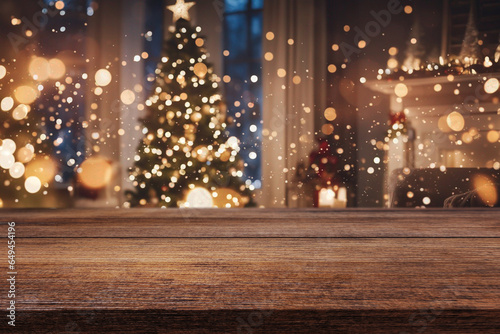 Beautiful natural wooden table with christmas background