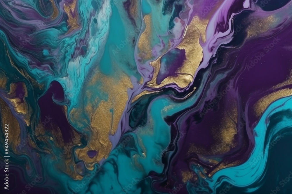 Purple and turquoise abstract art with marble swirls, agate ripples, luxury, natural background, and gold glitter. Generative AI - obrazy, fototapety, plakaty 
