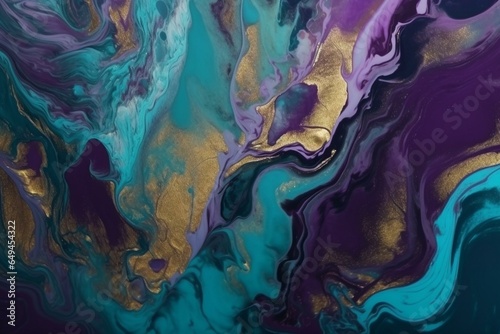Purple and turquoise abstract art with marble swirls, agate ripples, luxury, natural background, and gold glitter. Generative AI photo