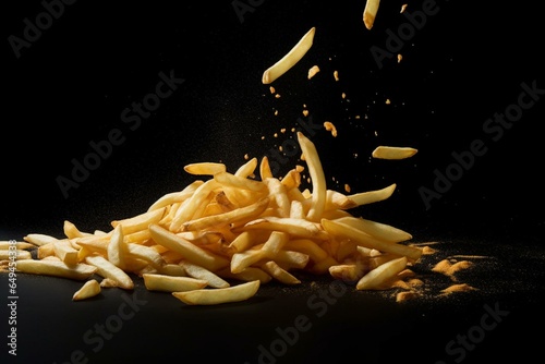 Fries falling onto a plain surface. Generative AI