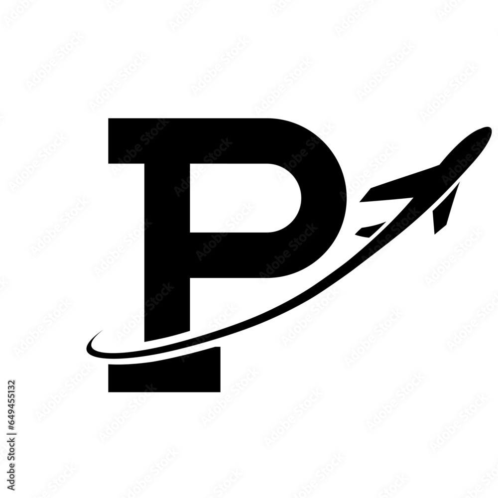 Black Antique Letter P Icon with an Airplane Black Antique Letter P Icon with an Airplane