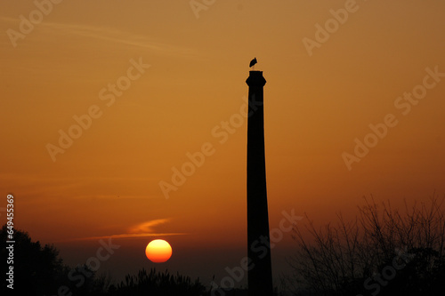 cigüeña en chimenea al atardecer