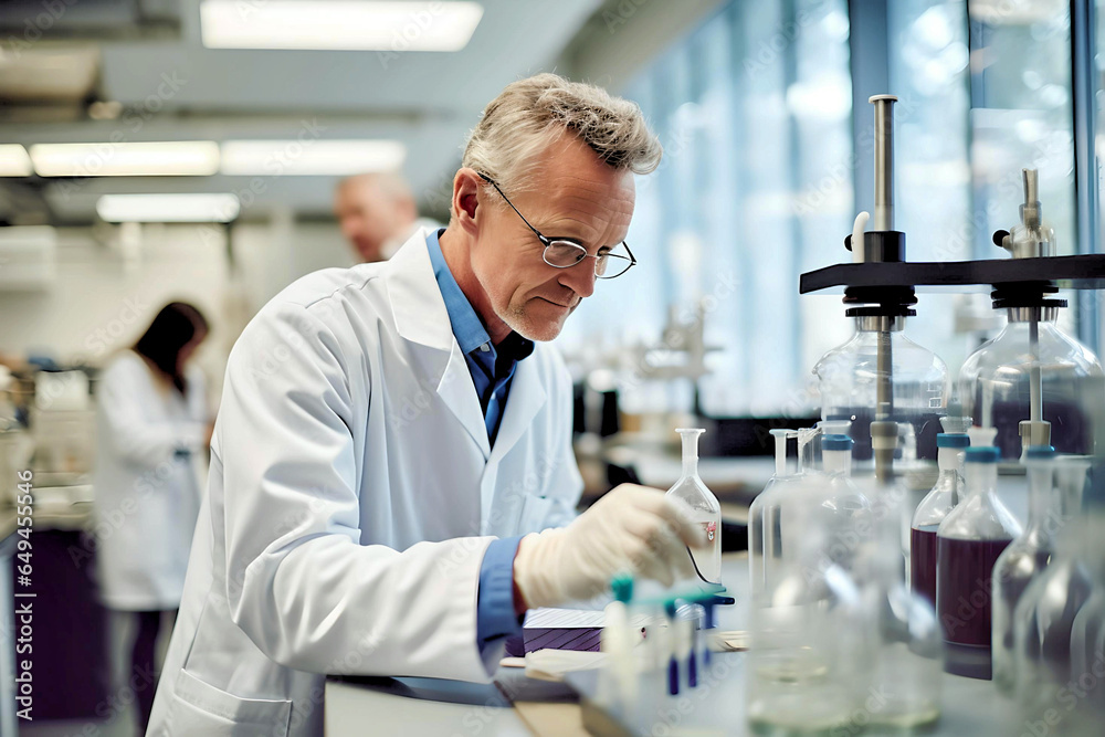 Man leaned over a flask in a modern scientific laboratory conducting a scientific experiment Man leaned over a flask in a modern scientific laboratory conducting a scientific experiment