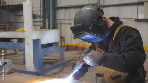 Male in face mask welds with argon arc welding.
