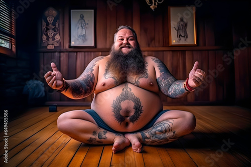 A funny fat tattooed, bearded man does yoga.