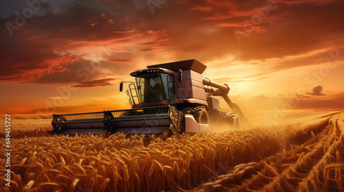 A combine harvester works in a golden wheat field under a deep orange sunset, conveying vastness and power.