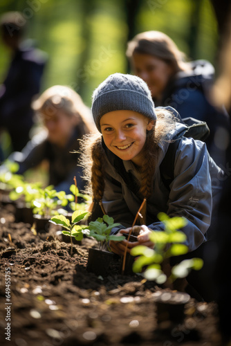 School children planting young trees. Generative AI