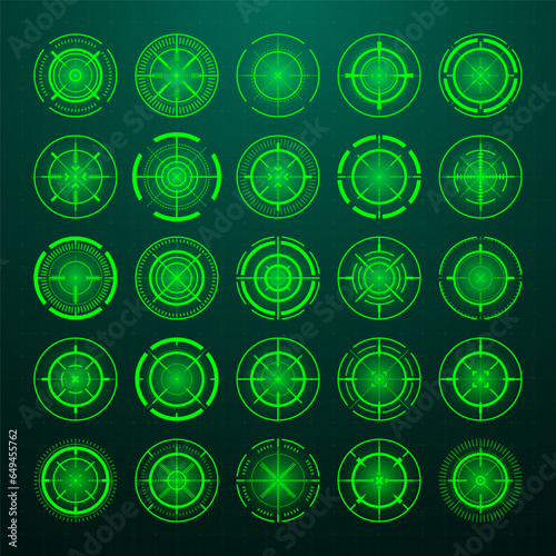 Crosshair, gun sight vector icons. Bullseye, black target or aim symbol. Military rifle scope, shooting mark sign. Targeting, aiming for a shot. Archery, hunting and sports shooting. Game UI element.