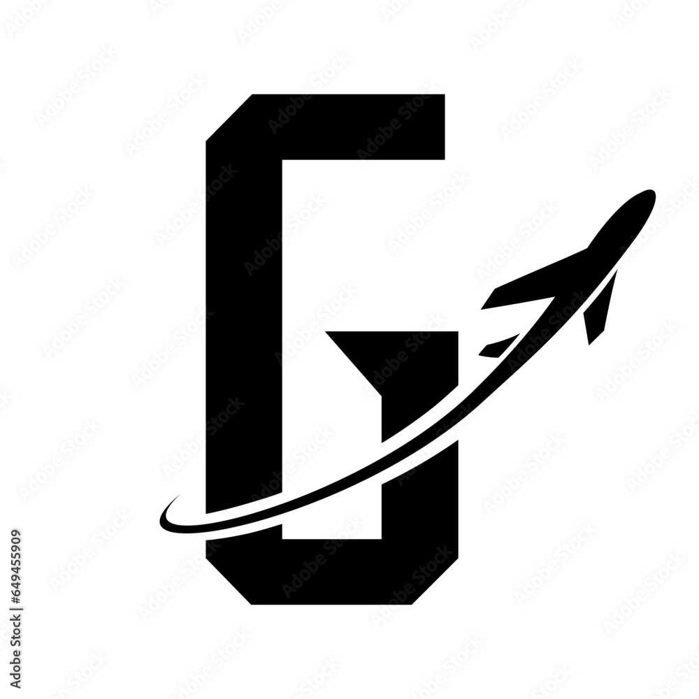 Black Futuristic Letter G Icon with an Airplane Black Futuristic Letter G Icon with an Airplane