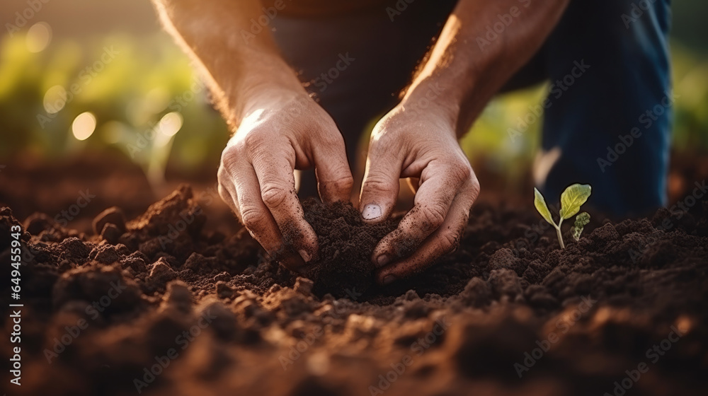 Farmer's hands hold black soil in the field. Male hands touch the soil, checking the quality before sowing. Ecology, gardening concept. - obrazy, fototapety, plakaty 