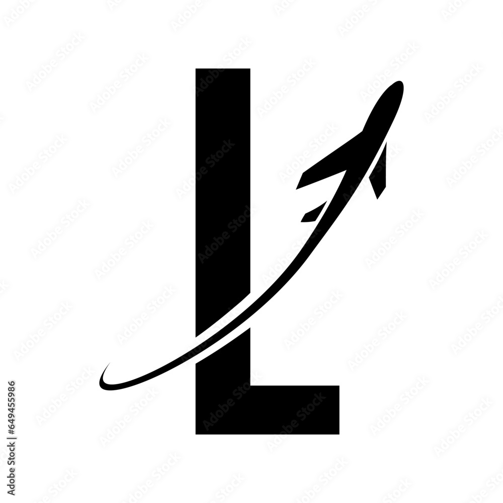 Black Futuristic Letter L Icon with an Airplane Black Futuristic Letter L Icon with an Airplane