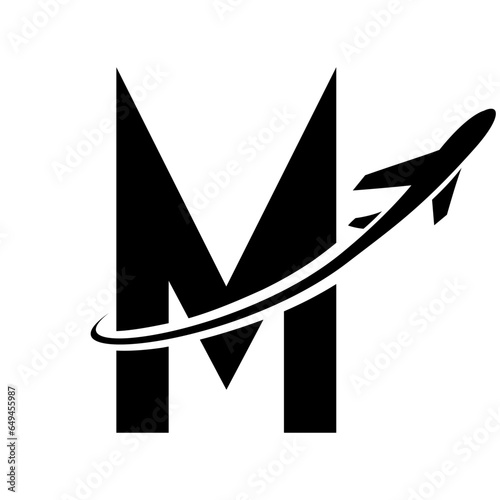 Black Futuristic Letter M Icon with an Airplane