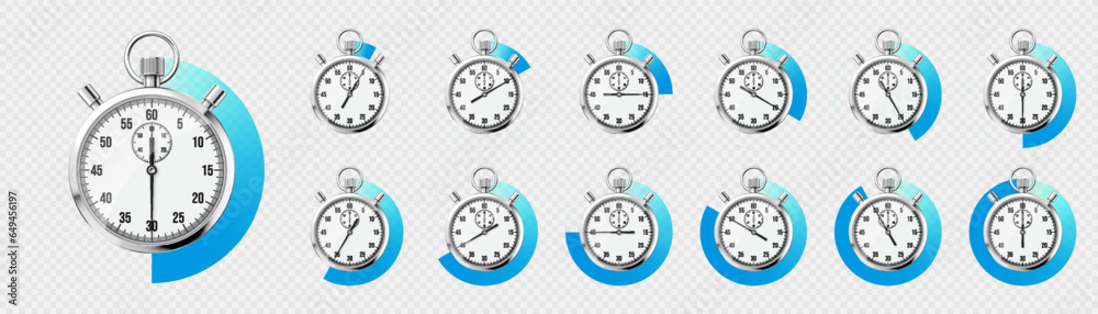 Realistic classic stopwatch. Shiny metal chronometer, time counter with dial. Blue countdown timer showing minutes and seconds. Time measurement for sport, start and finish. Vector illustration Realistic classic stopwatch. Shiny metal chronometer, time counter with dial. Blue countdown timer showing minutes and seconds. Time measurement for sport, start and finish. Vector illustration