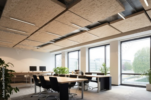 Ceiling-mounted wood wool panels for acoustic insulation in an office. Generative AI photo