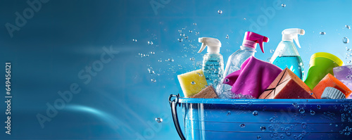 Wallpaper Mural Cleaning product in bleu bucket wide banner. panorama photo. chemicals and facilities for tidying, copy space for text. Torontodigital.ca