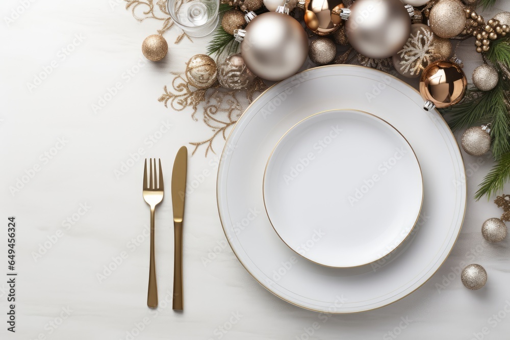 Top view of elegant and festive christmas table setting with xmas decoration and ornaments. Flat lay, mockup