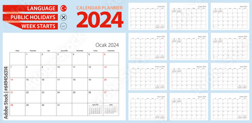 Turkish calendar planner for 2024. Turkish language, week starts from Sunday.