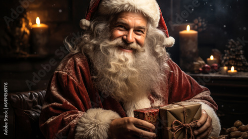 Smiling mature man in Santa Claus costume holding a wrapped gift box