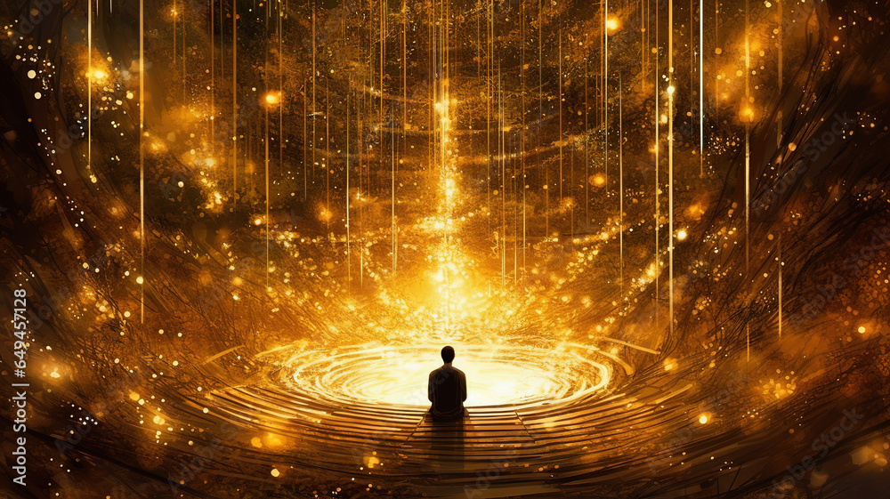 © Studio Light & Shade - Silhouette of a person meditating in a sacred place filled with golden sparkles, observing magical light in front of him. Spiritual practice. © Studio Light & Shade - Silhouette of a person meditating in a sacred place filled with golden sparkles, observing magical light in front of him. Spiritual practice.