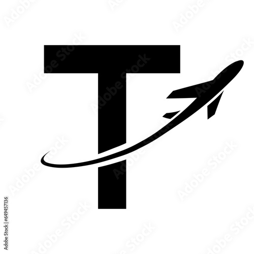 Black Uppercase Letter T Icon with an Airplane